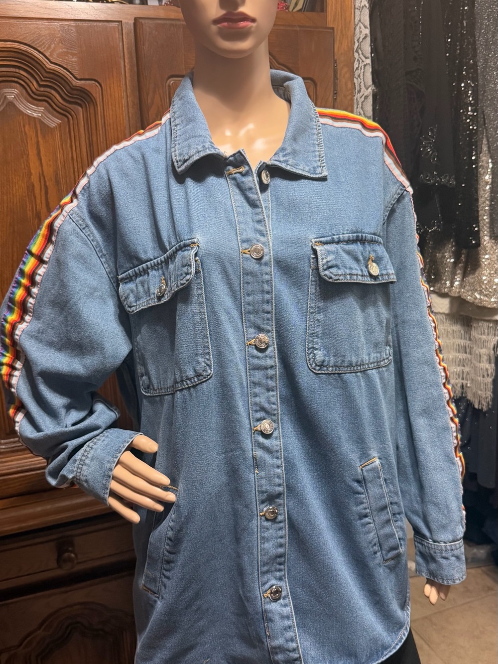 Stoosh Vintage Denim Trucker Style Shirt Jacket with Rainbow Stripes.